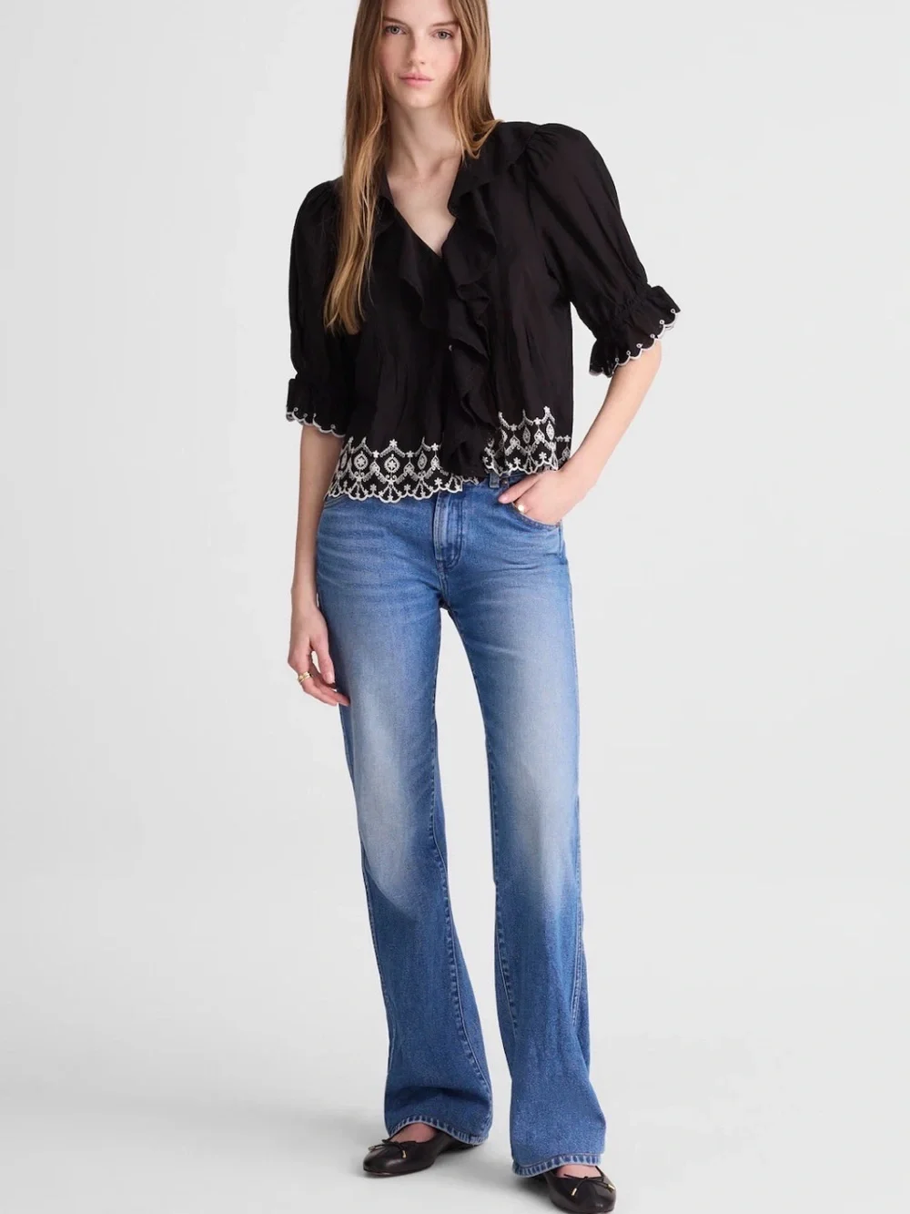 Madewell The Blaire Top Jet Black Embroidered Ruffle Blouse Size M NWT